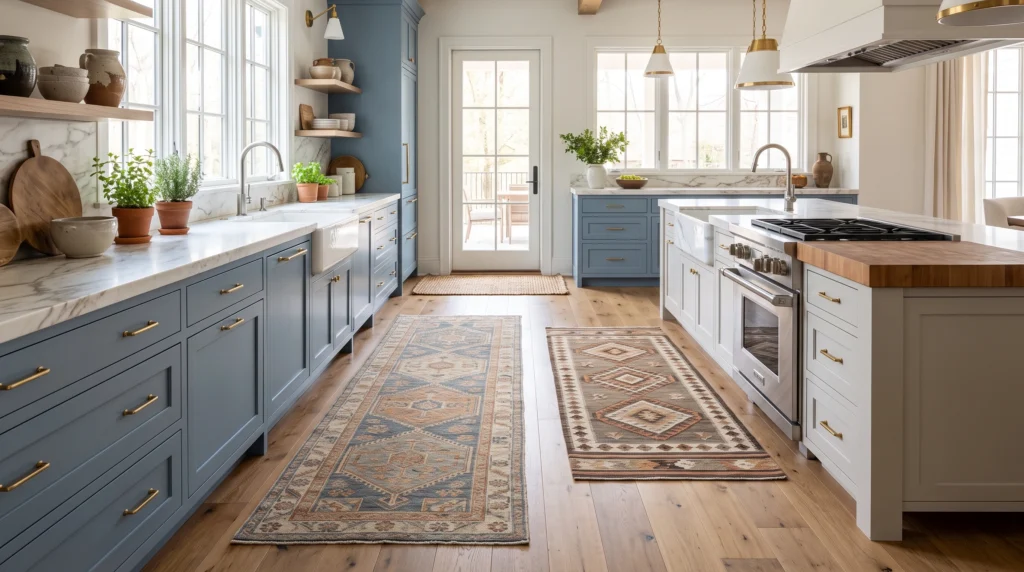 Durable kitchen rugs featuring easy-to-clean woven flatweaves, slip-resistant backing layers, vibrant washable patterns, and comfortable cushioned standing surfaces.