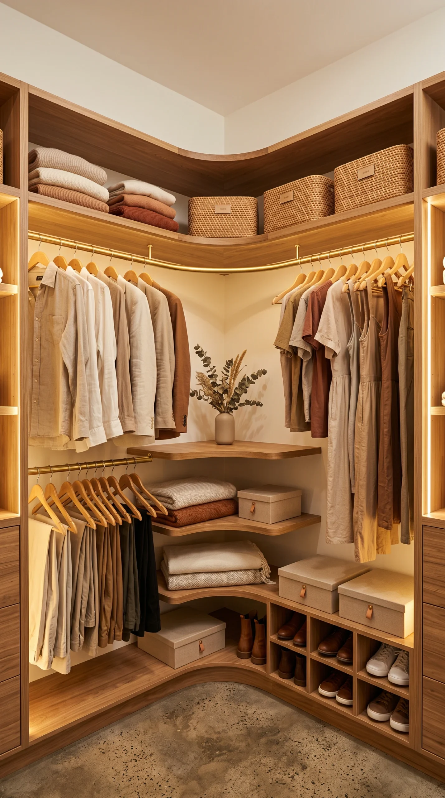 Detail of an L-shaped closet corner utilizing curved hanging rods, raw timber shelving, and soft, warm integrated lighting.