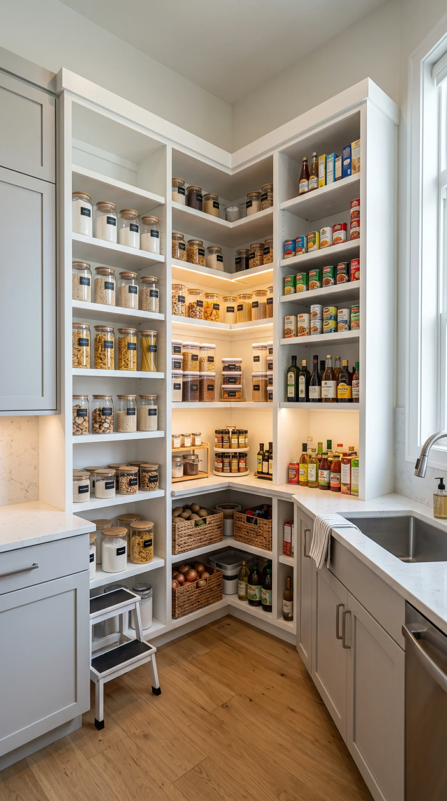 Bright white L-shaped shelving wrapping around a tight kitchen corner pantry, fully stocked with organized dry goods.
