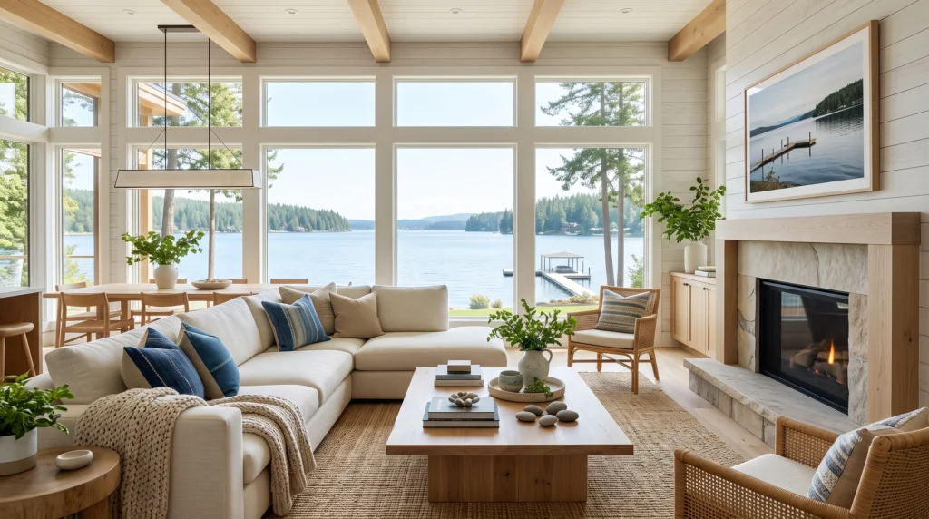 Serene lake house featuring expansive glass windows, natural timber accents, airy linen textiles, and seamless indoor-outdoor living.