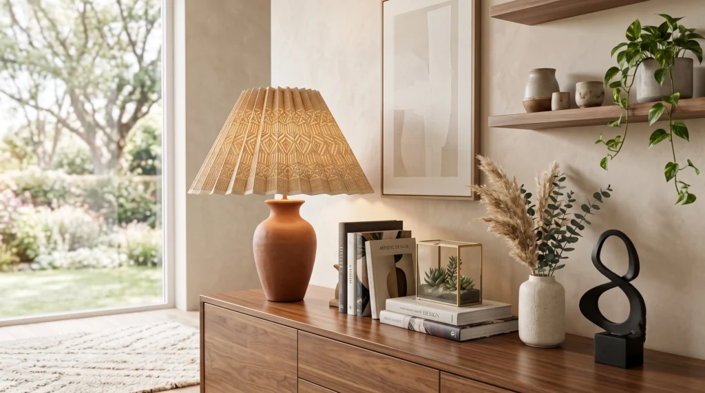 Stylish lamp shade display featuring textured linen fabrics, warm ambient lighting, artisan silhouettes, and chic interior styling.