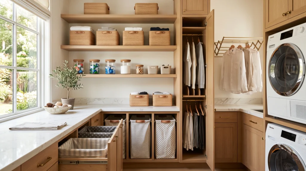 Streamlined laundry organization featuring clear storage bins, adjustable shelving systems, designated sorting hampers, and custom labeling solutions.