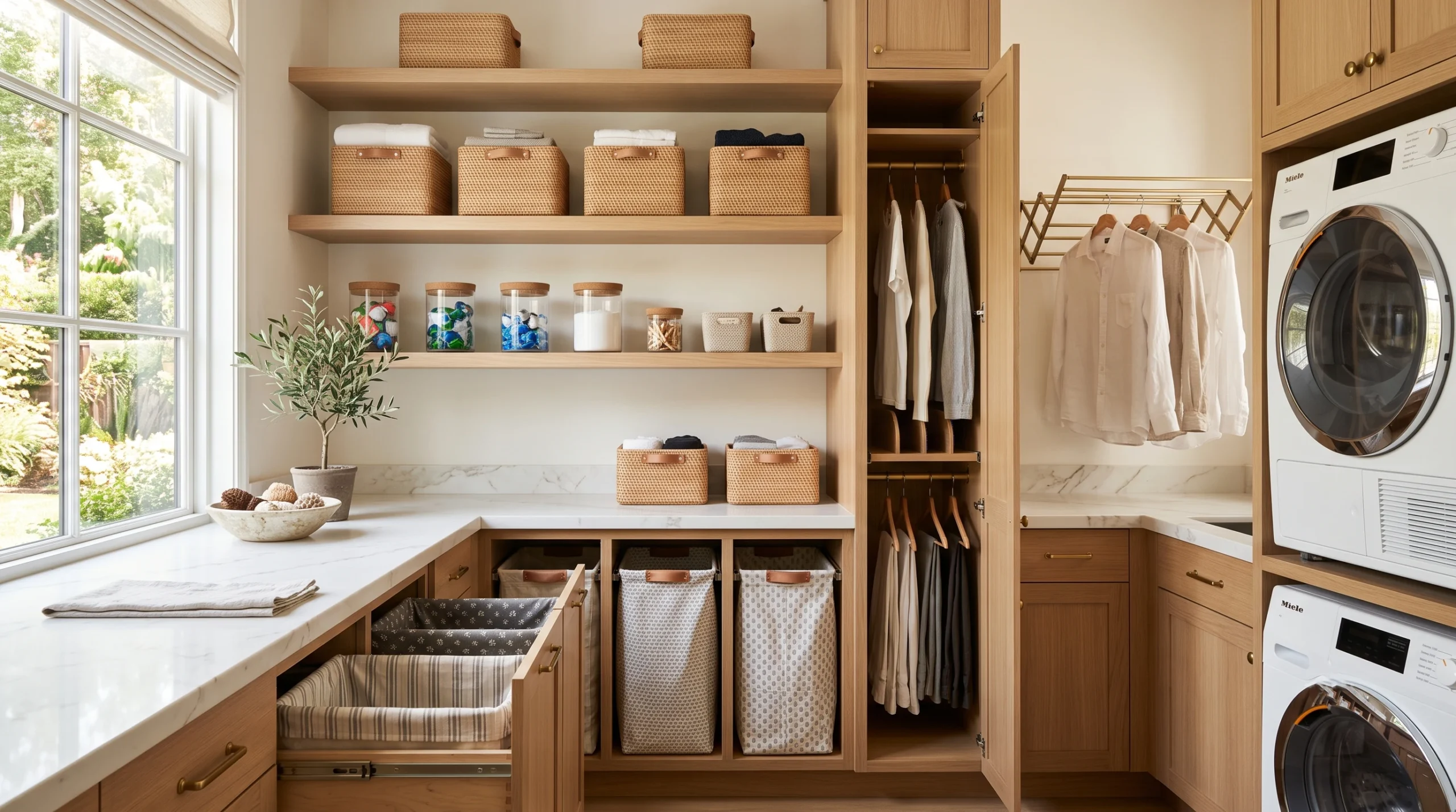 Streamlined laundry organization featuring clear storage bins, adjustable shelving systems, designated sorting hampers, and custom labeling solutions.