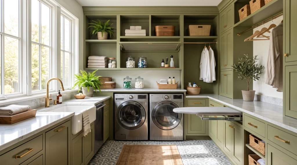 Inspiring laundry room ideas featuring custom built-in cabinetry, sleek quartz folding countertops, stylish patterned floor tiles, and efficient drying racks.