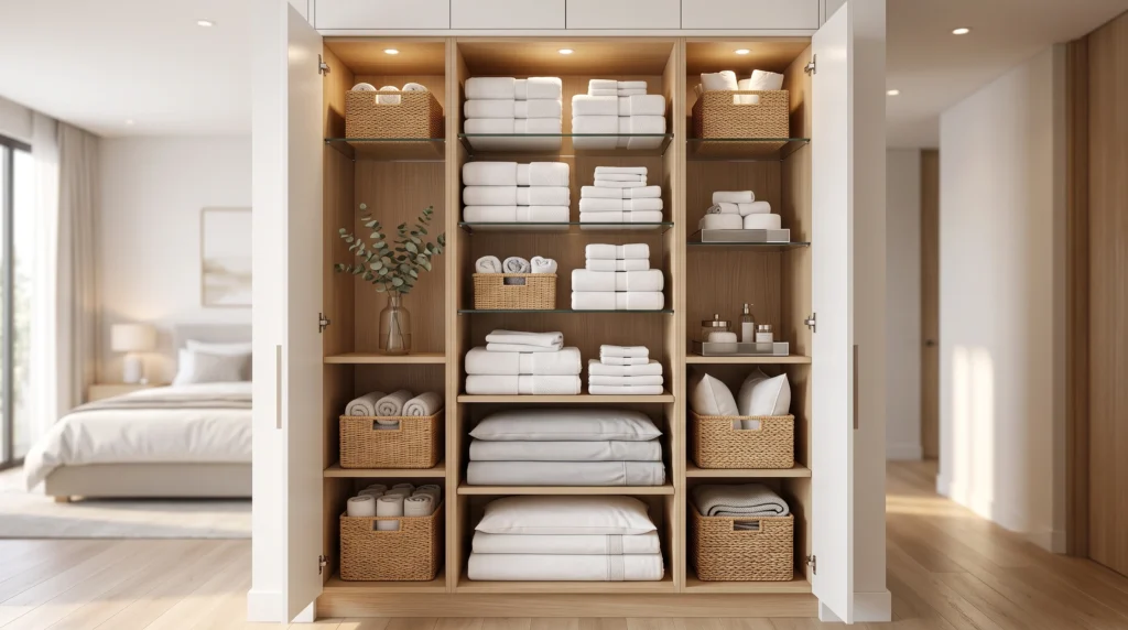 Neatly organized linen closet featuring stackable sheet sets, clear acrylic shelf dividers, custom labeled woven storage bins, and soothing lavender-scented sachets.