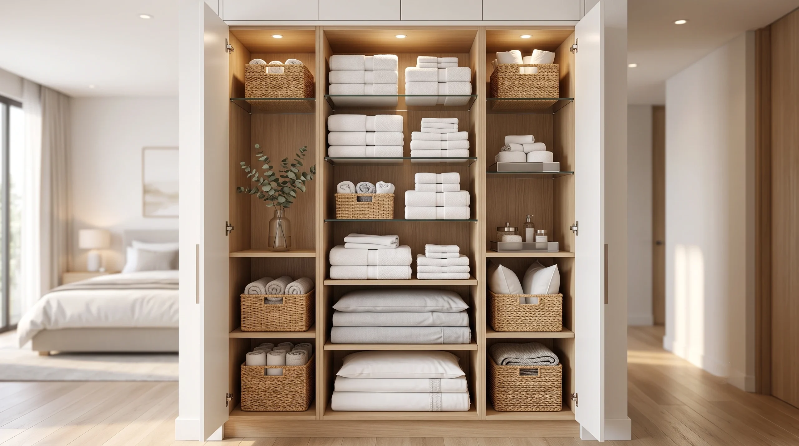 Neatly organized linen closet featuring stackable sheet sets, clear acrylic shelf dividers, custom labeled woven storage bins, and soothing lavender-scented sachets.