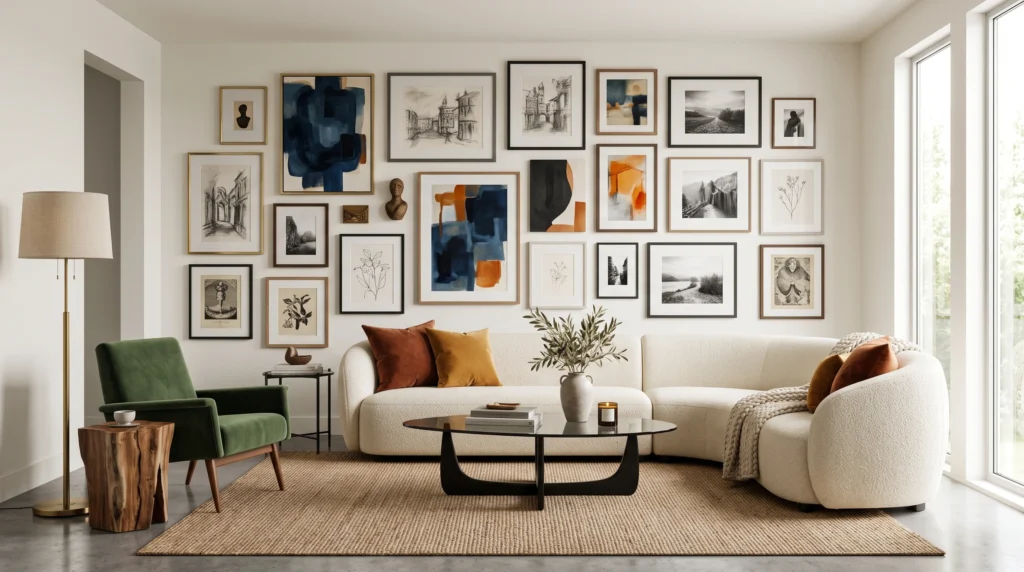 Captivating living room gallery wall featuring eclectic framed art prints, rustic wooden picture ledges, mixed metal frames, and personal family photographs.