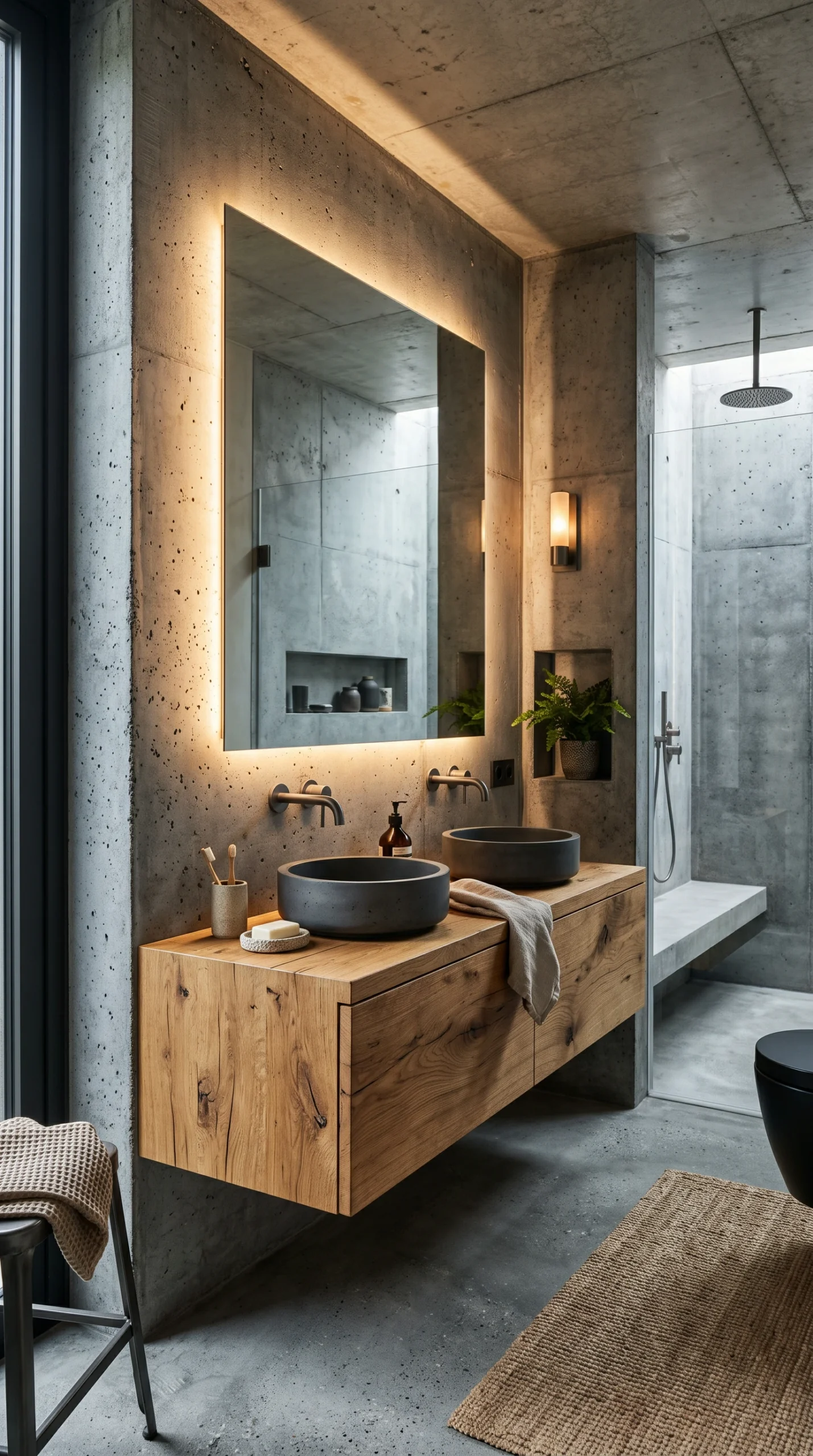 Modern bathroom featuring slate grey concrete walls, a raw oak floating vanity with two dark dark grey vessel sinks, and a backlit mirror.