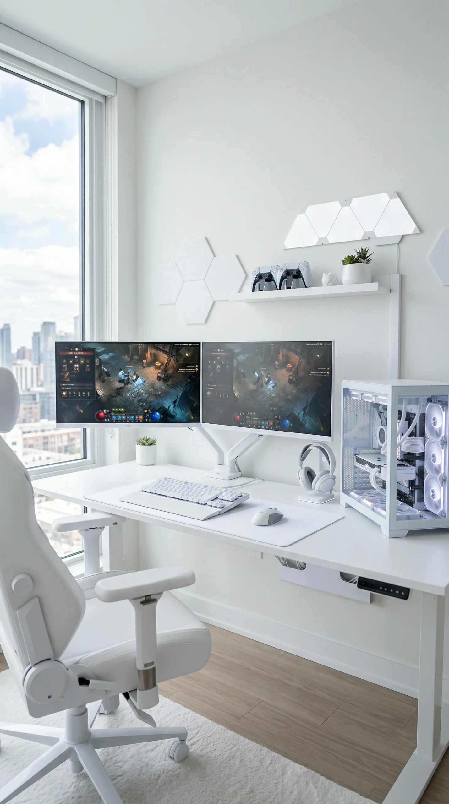 Wide shot of a bright, luxury white gaming setup with a white desk, dual monitors on white monitor arms, and a white PC case against a minimalist white wall.