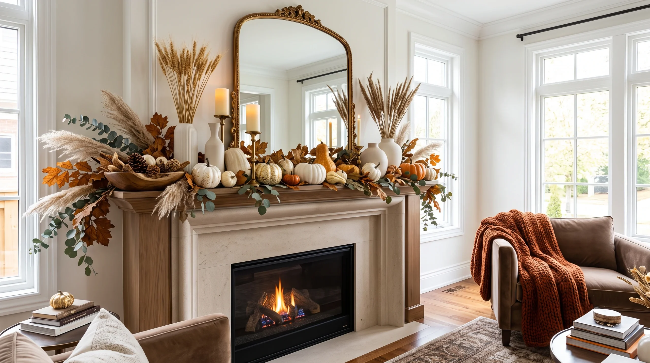 Enchanting spooky season mantel decor featuring cascading black faux foliage, flickering pillar candles, weathered skull accents, and vintage potion bottles.