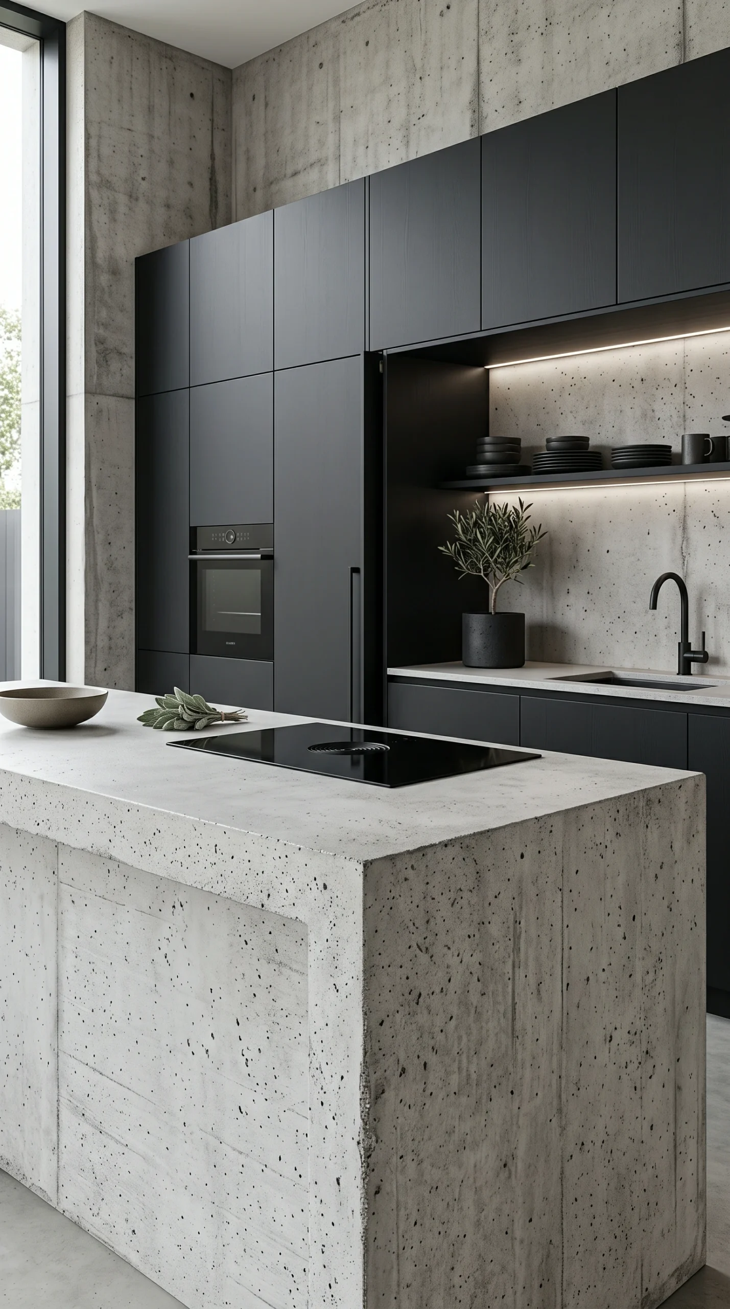 Close-up of a modern kitchen featuring a pale ash concrete island and sleek, deep charcoal handle-less cabinets against a concrete wall.