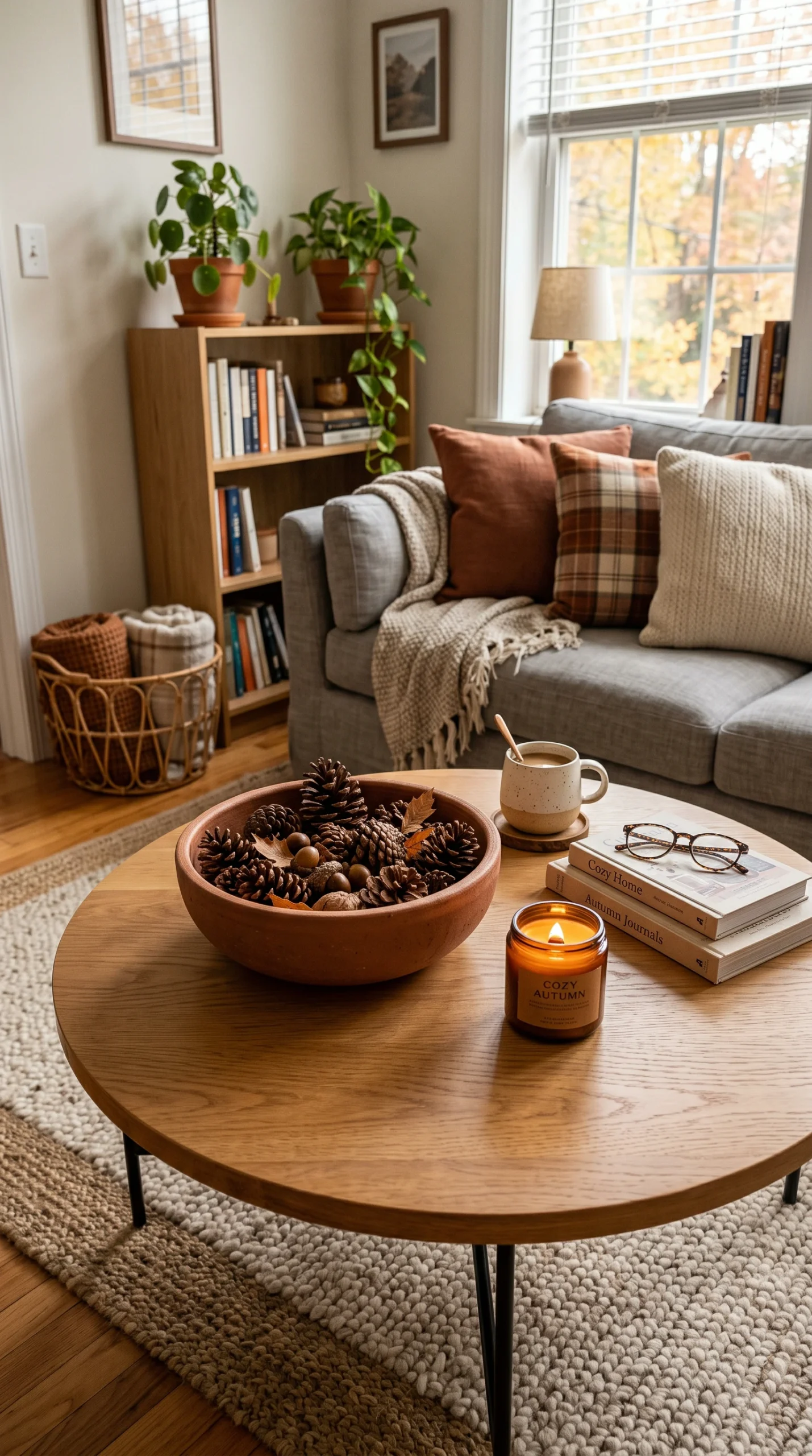 A stylish round wooden coffee table in a small apartment featuring a minimalist fall centerpiece: a terracotta clay bowl filled with natural pinecones under warm lighting.