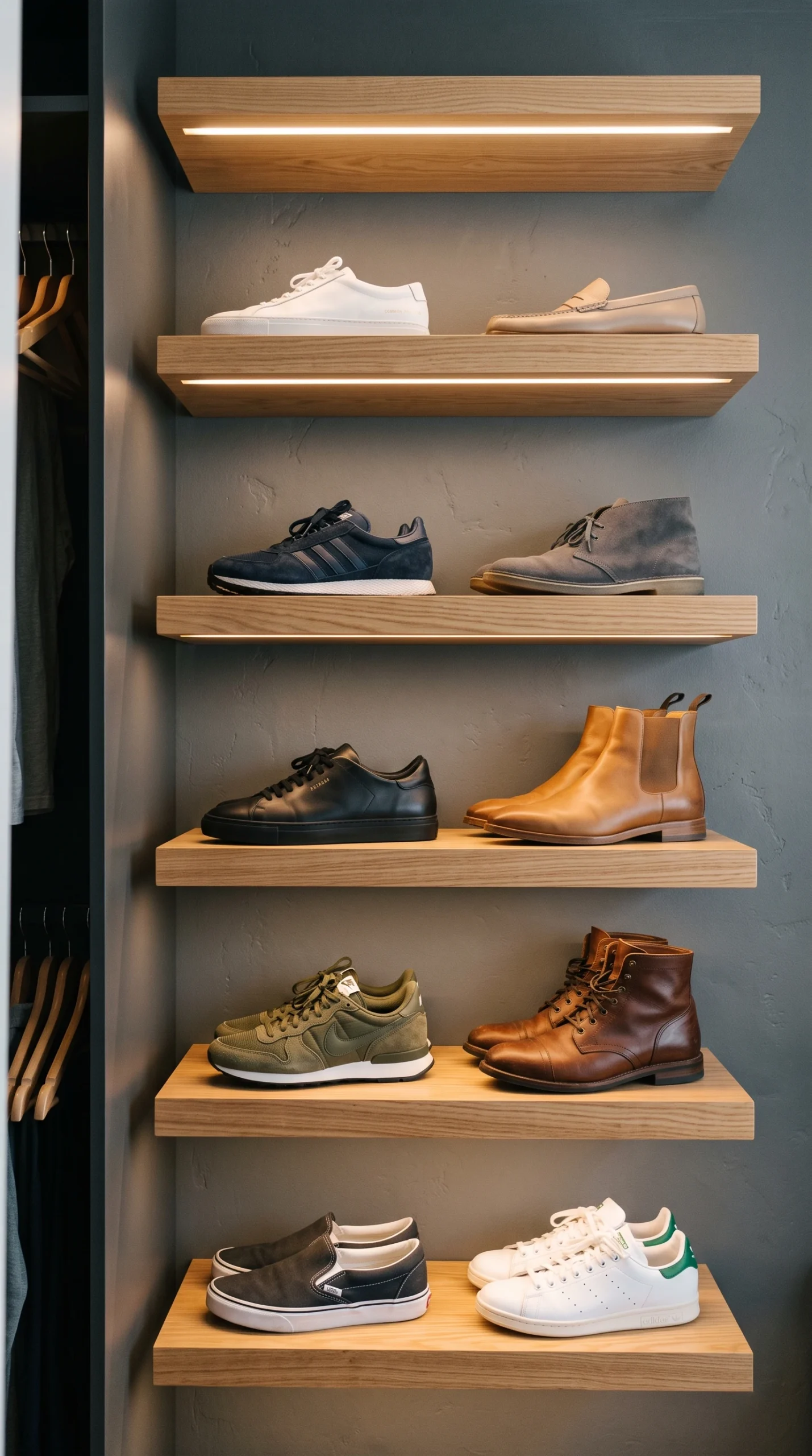 Natural ash wood floating shoe shelves displaying contemporary footwear against a slate grey wall with LED backlighting.