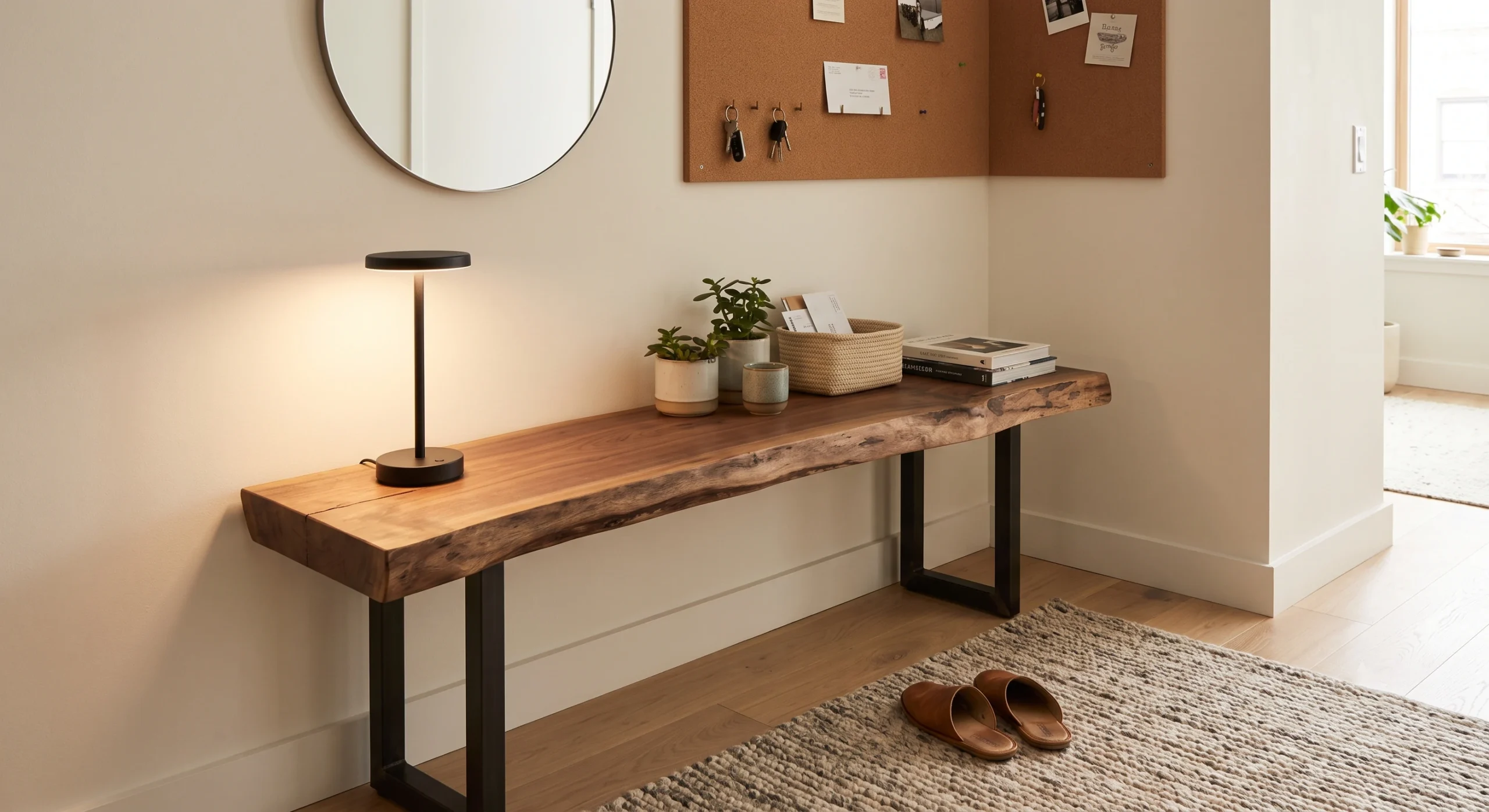 Small apartment entryway with a live-edge timber console table, cork wall catch-all, and a black cordless lamp.