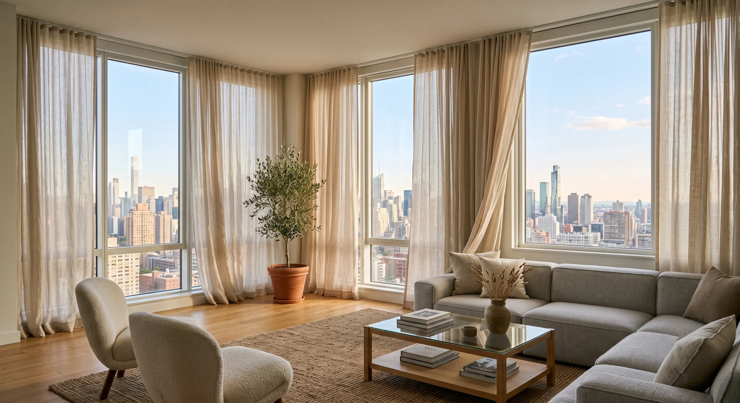 Open-concept living room with sheer floor-to-ceiling linen curtains framing a bright urban skyline view.