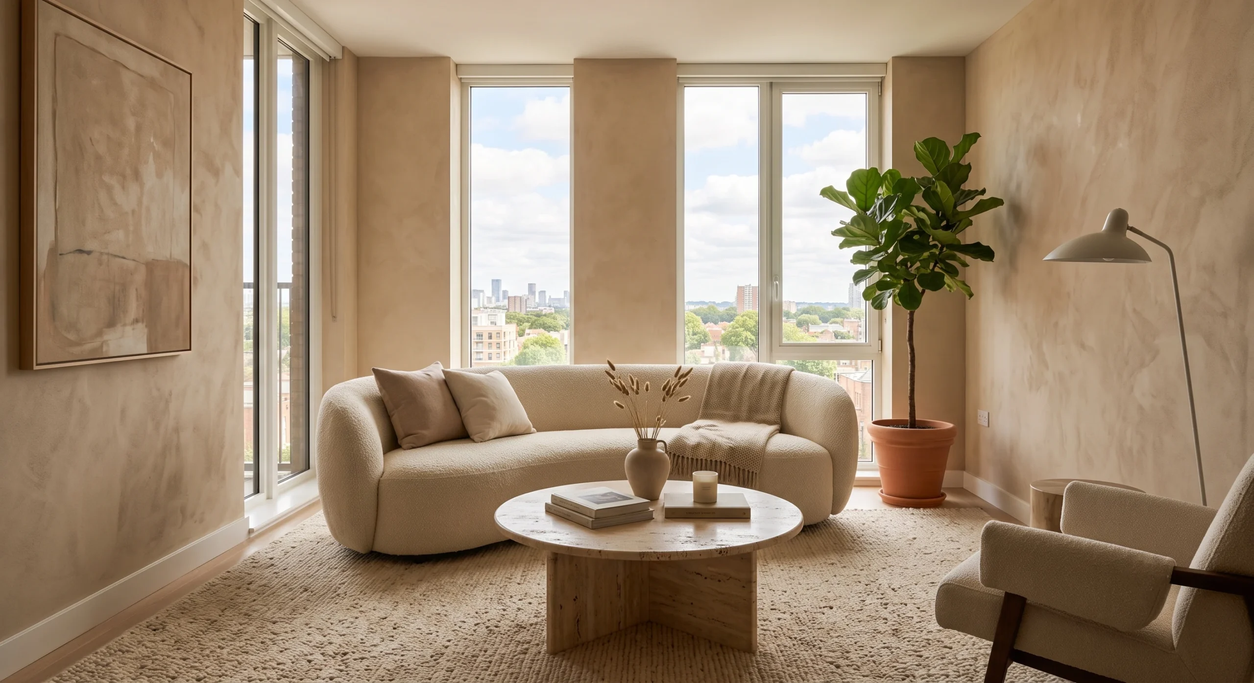 Modern apartment living room with a curved cream bouclé sofa, raw travertine circular coffee table, and warm matte plaster walls.
