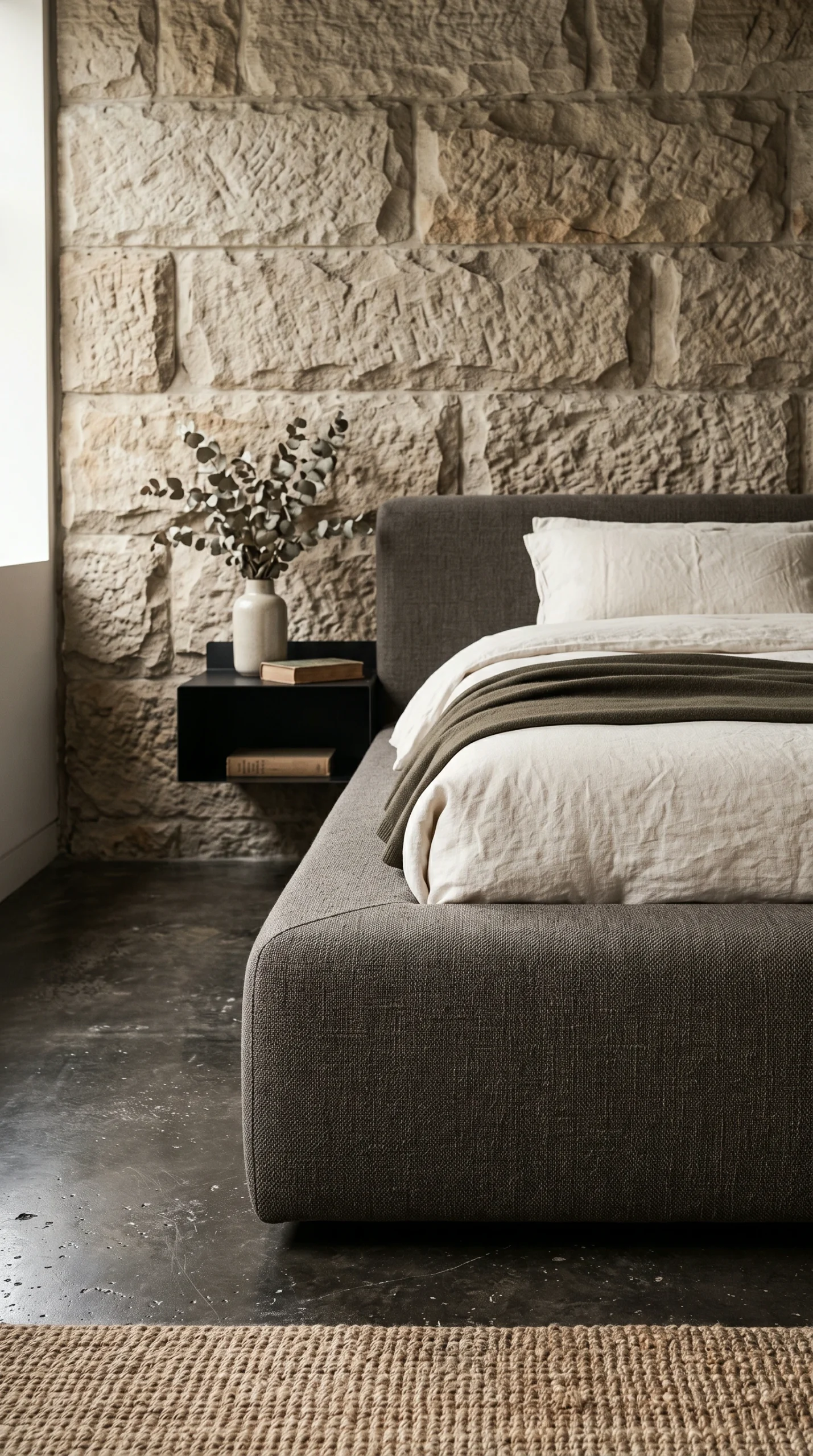 Chunky, warm slate upholstered bed base flush against a raw stone wall.