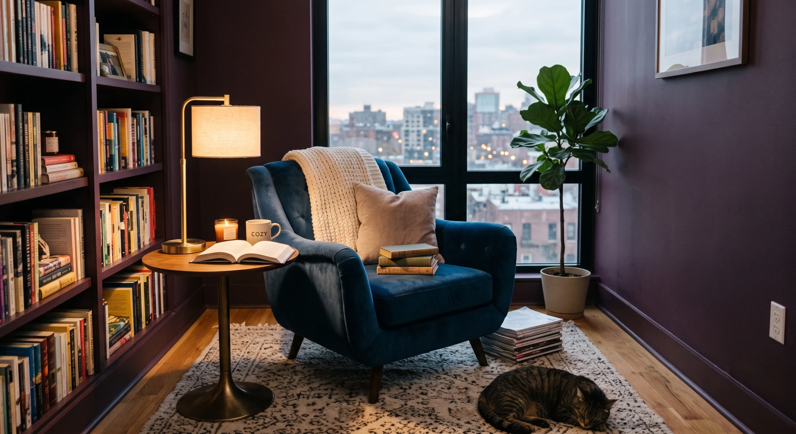 Moody apartment reading nook painted in aubergine plum with a vintage velvet chair and a modern brass reading lamp.