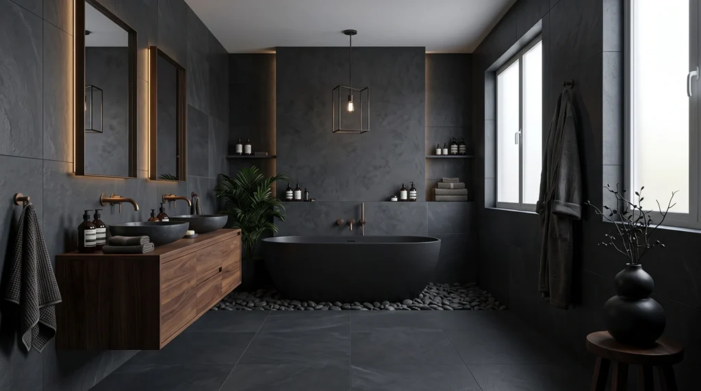 Luxurious modern bathroom featuring deep moody tones, dramatic dark walls, sleek metallic fixtures, and atmospheric accent lighting.