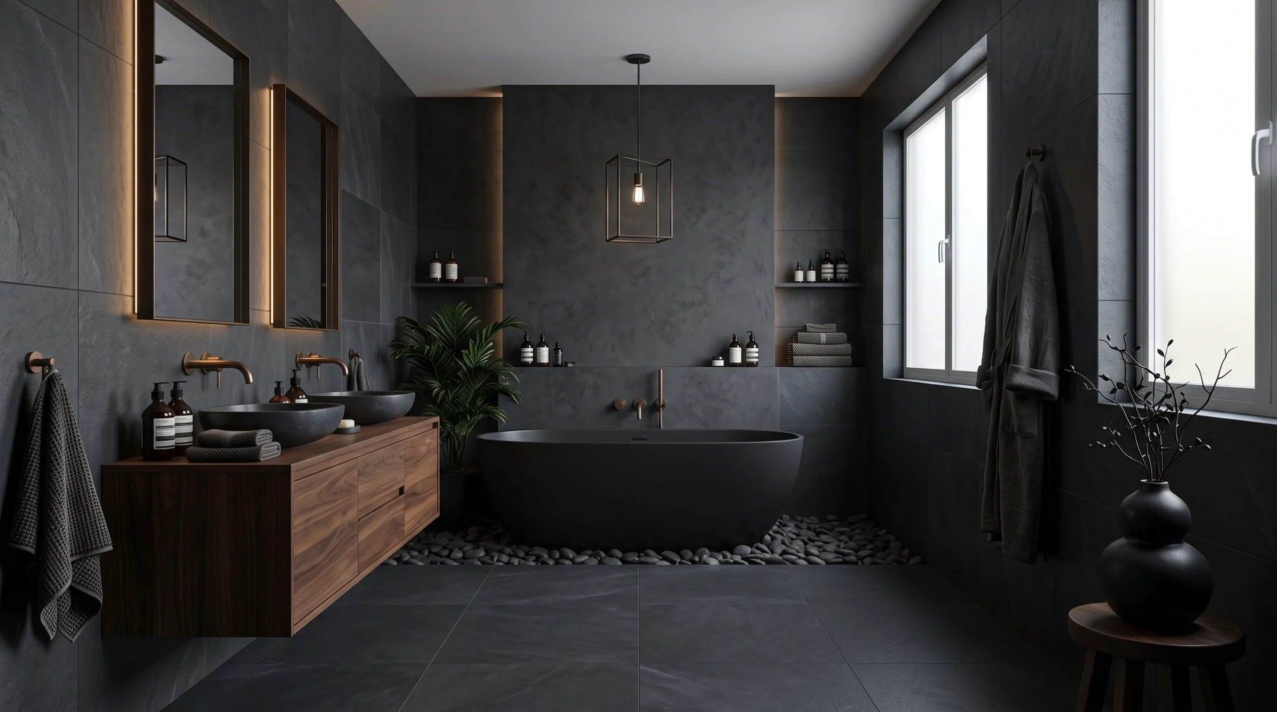 Luxurious modern bathroom featuring deep moody tones, dramatic dark walls, sleek metallic fixtures, and atmospheric accent lighting.