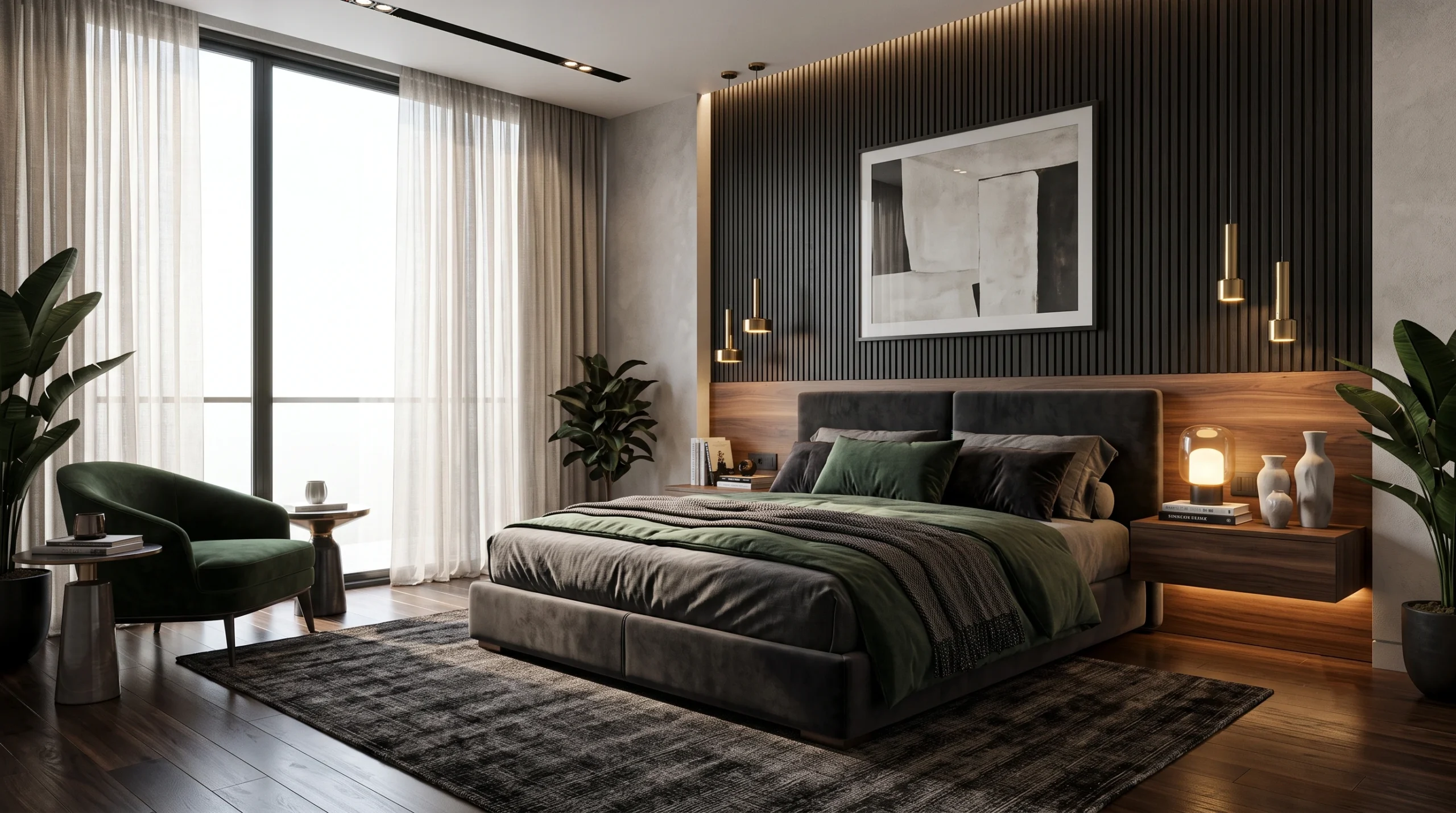 Luxurious master bedroom featuring deep moody tones, dramatic dark walls, rich velvet textures, and soft atmospheric lighting.