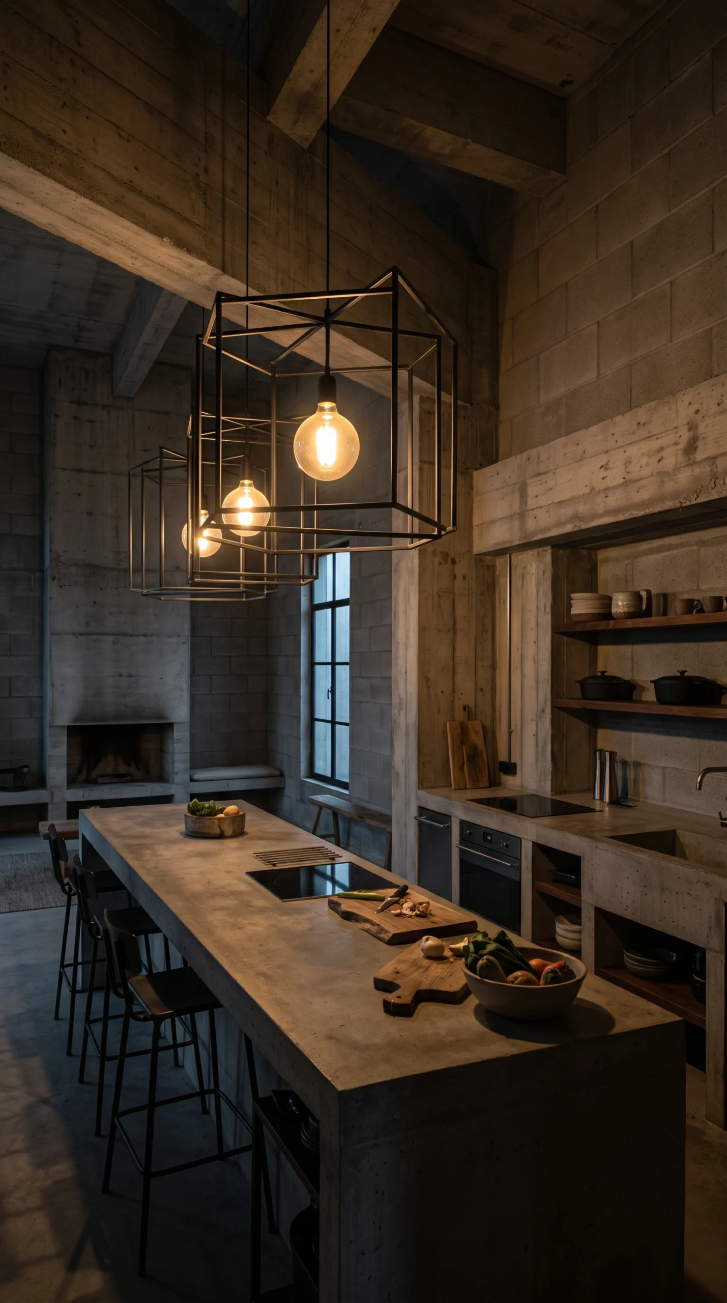 Moody brutalist kitchen space with oversized blackened steel geometric pendant lights hanging over a concrete counter.