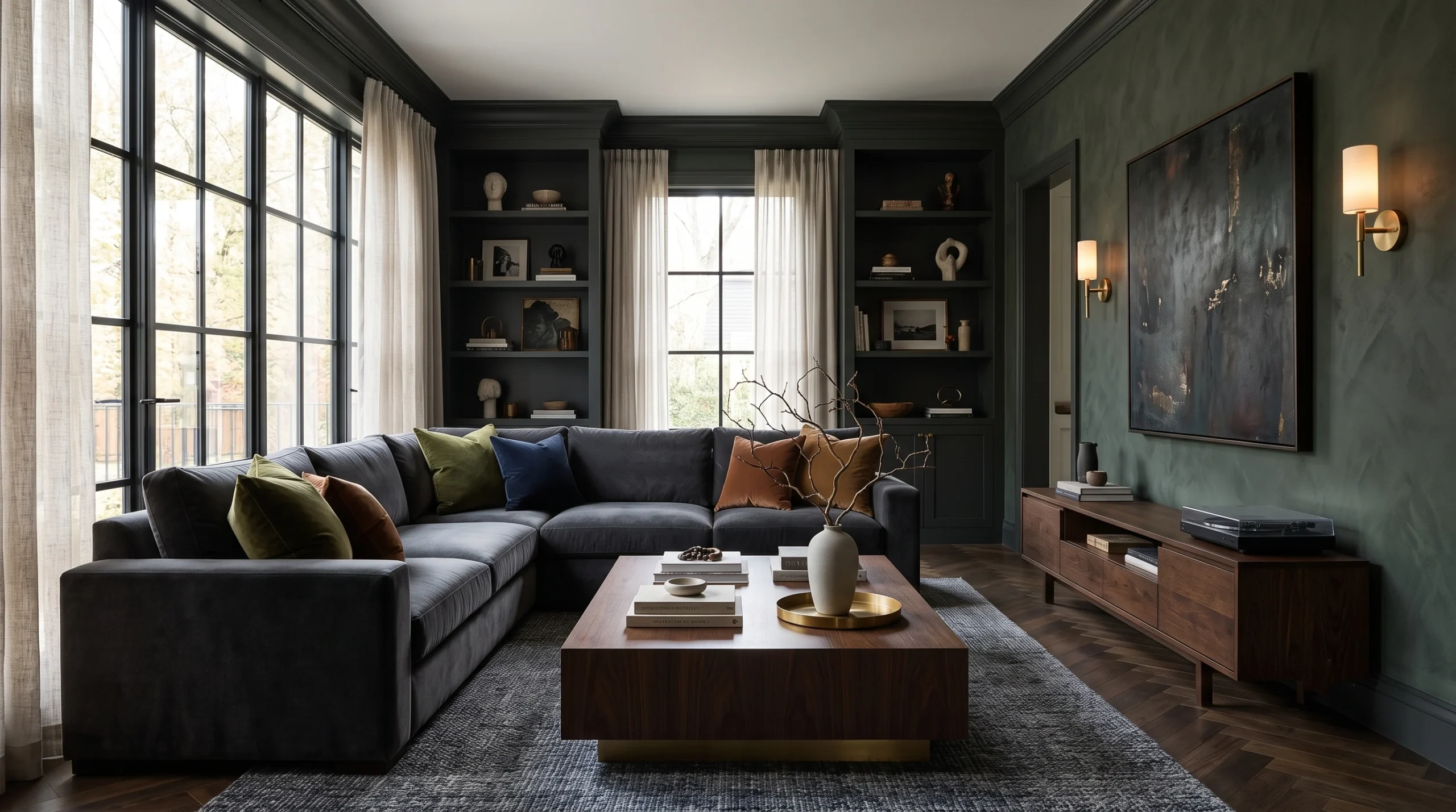 Dramatic moody living room featuring rich charcoal walls, plush velvet upholstery, warm ambient layered lighting, and vintage brass hardware.