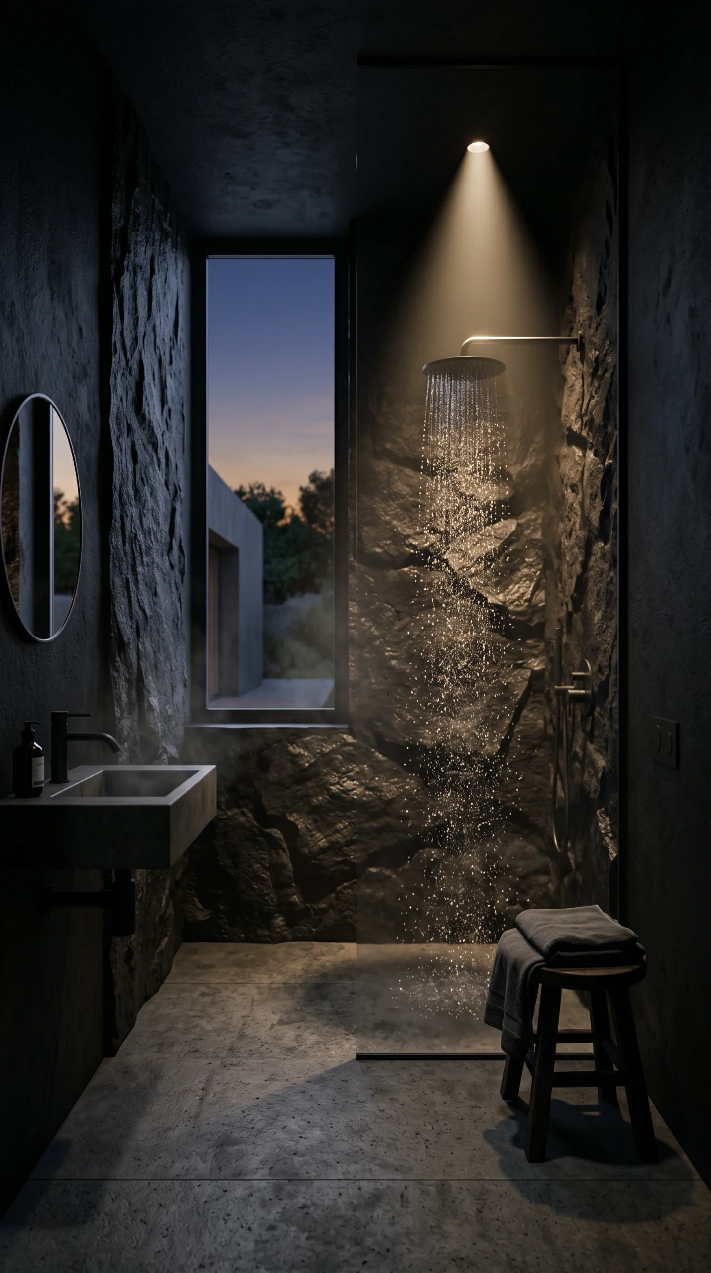 A dark, raw stone-walled walk-in shower illuminated by a single warm overhead spotlight cutting through steam against a dusk sky window.
