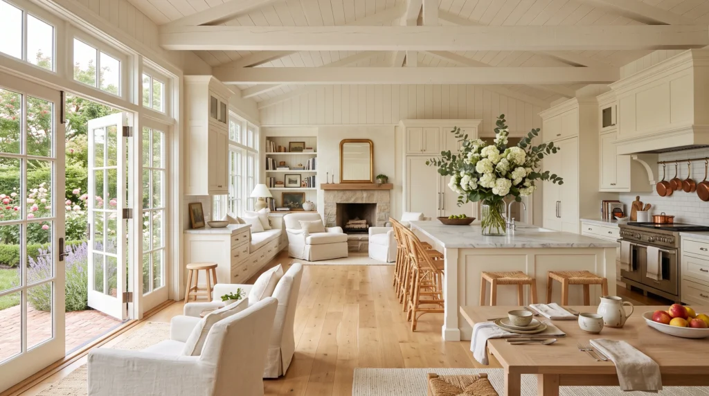 Cozy Nancy home aesthetic featuring plush slipcovered sofas, relaxed neutral linen textures, collected vintage accents, and warm cinematic lighting.