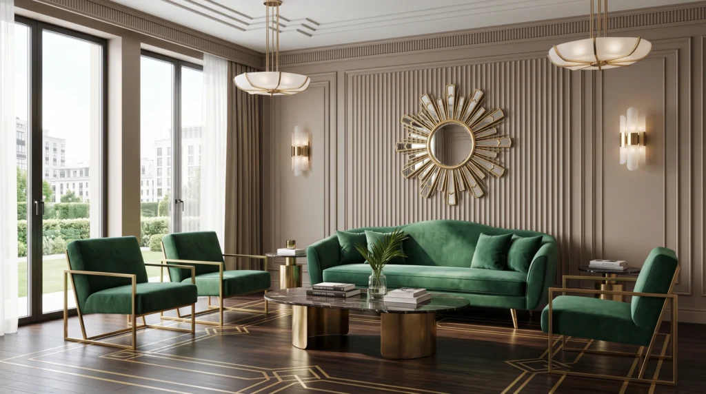Glamorous neo deco interior design featuring sleek geometric patterns, polished metallic accents, luxurious velvet upholstery, and sophisticated modern lines.