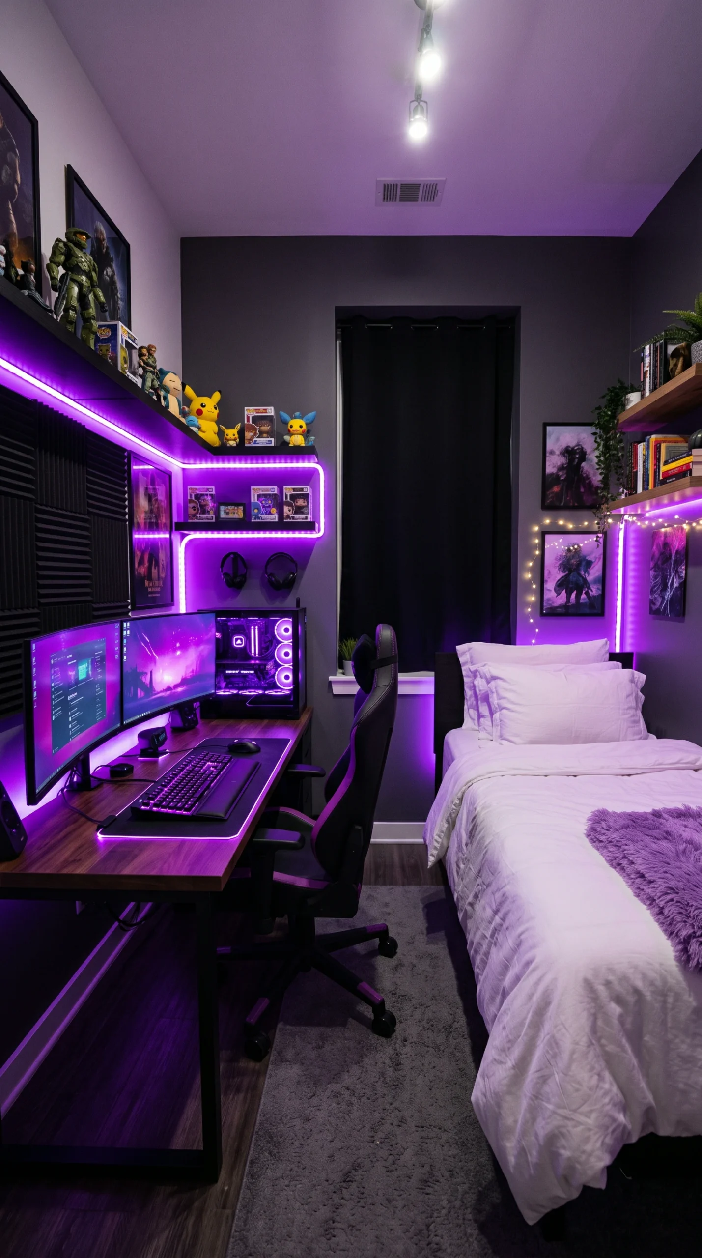 Wide vertical shot of a bedroom with a black computer desk on the left, dual monitors, and a white bed on the right, all illuminated by glowing purple LED lights.