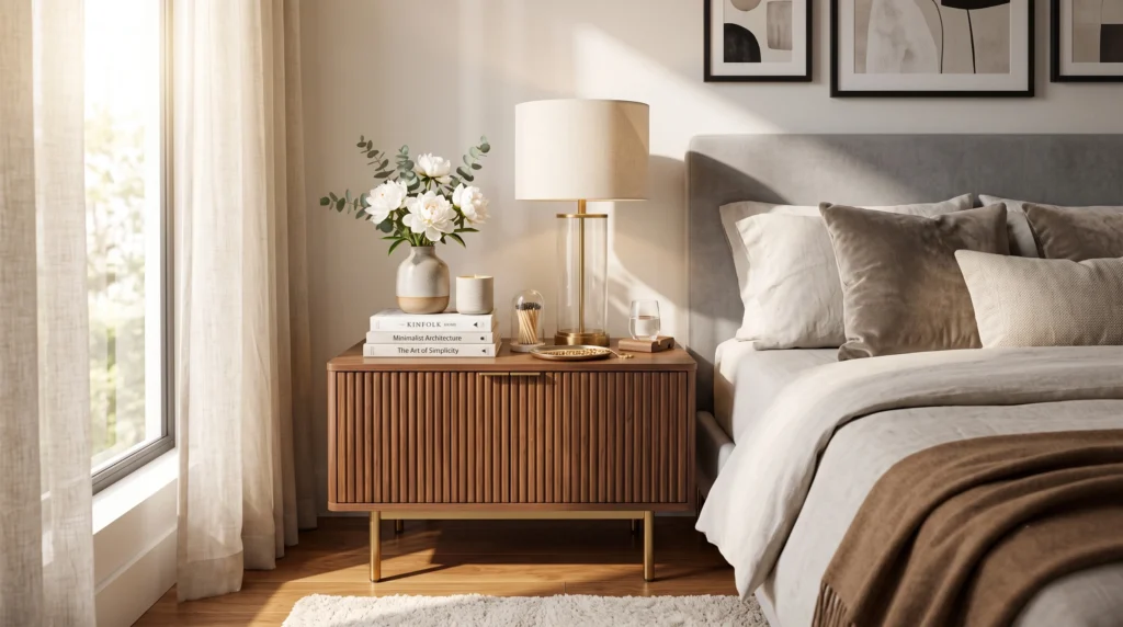 Chic bedside table display featuring styled decorative trays, a sleek modern lamp, curated books, and charming accessories.