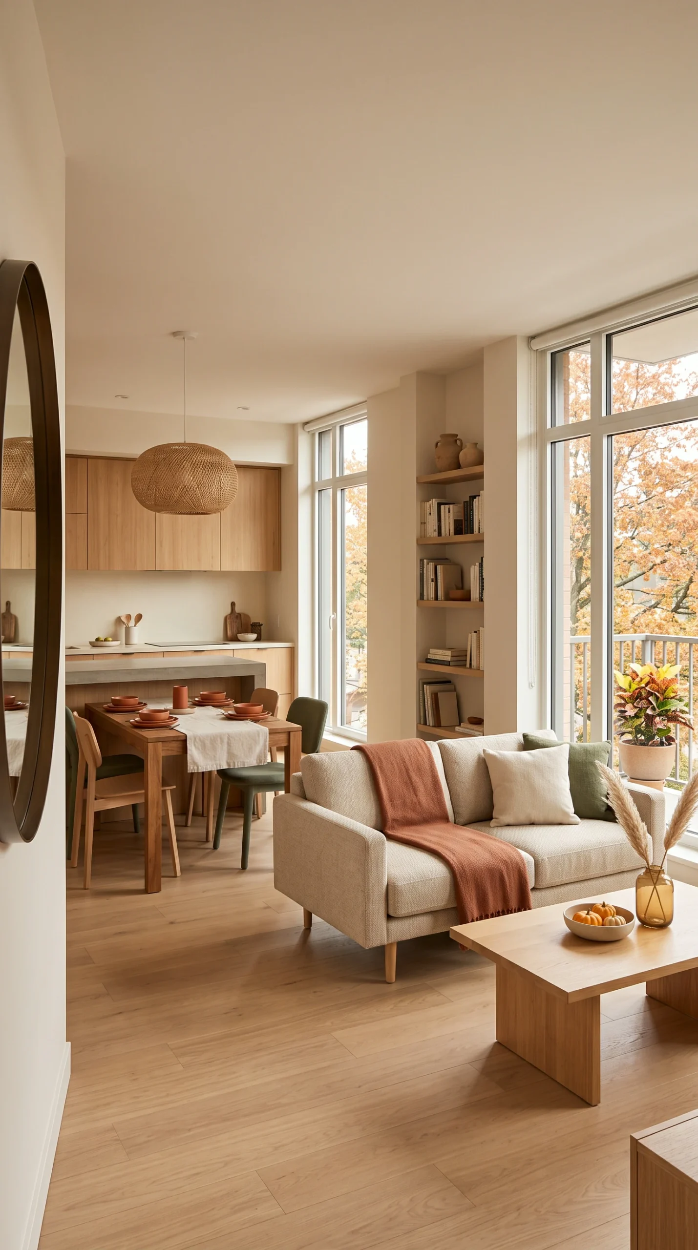 An open-concept living and dining area decorated in a neutral earth-toned palette, featuring a light sofa, wooden dining table, and large windows.