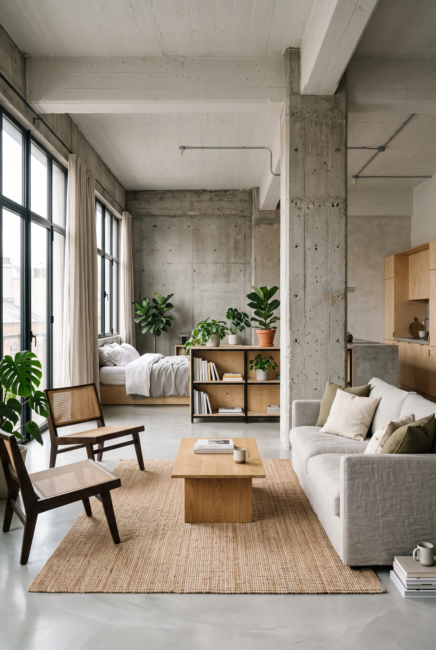 Open-plan studio apartment with polished micro-cement floors, exposed concrete columns, and grid windows.