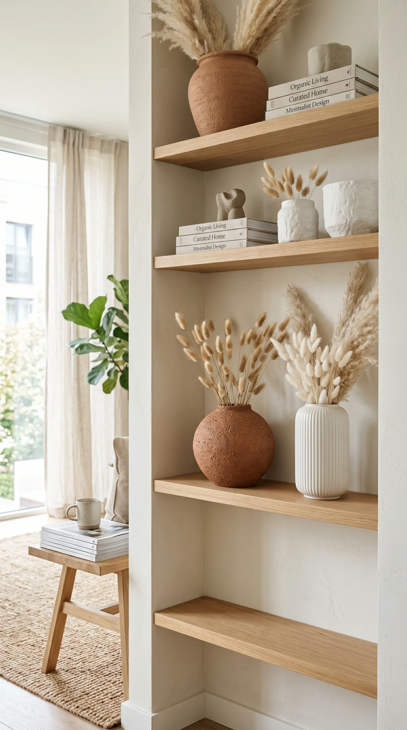 Apartment shelves styled with organic modern decor, featuring DIY textured terracotta and white vases holding dried bunny tails.