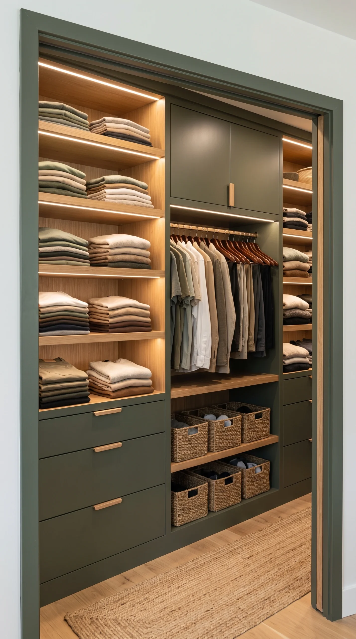 Highly organized reach-in closet featuring organic olive painted cabinetry, natural wood shelving, and perfectly folded garments.