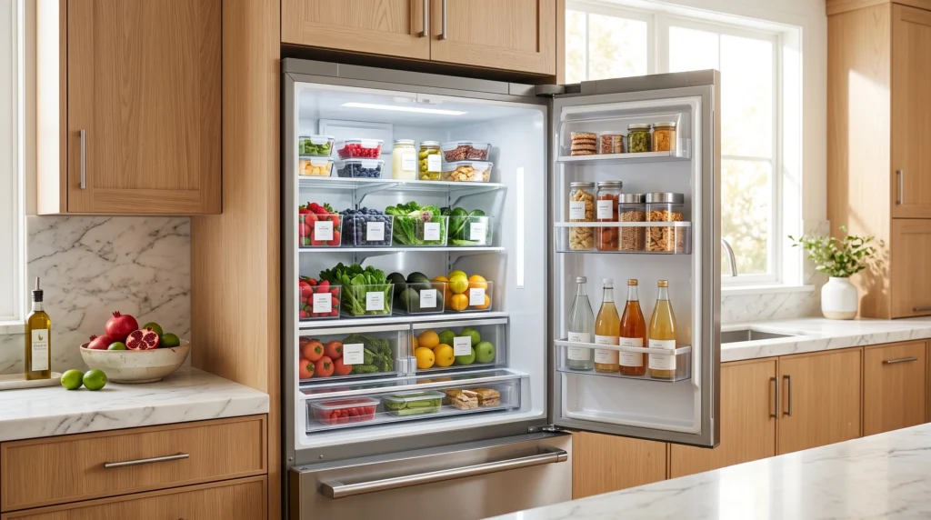 Neatly organized fridge featuring clear airtight produce containers, adjustable spill-proof glass shelving, custom labeled condiment caddies, and stackable meal prep bins.