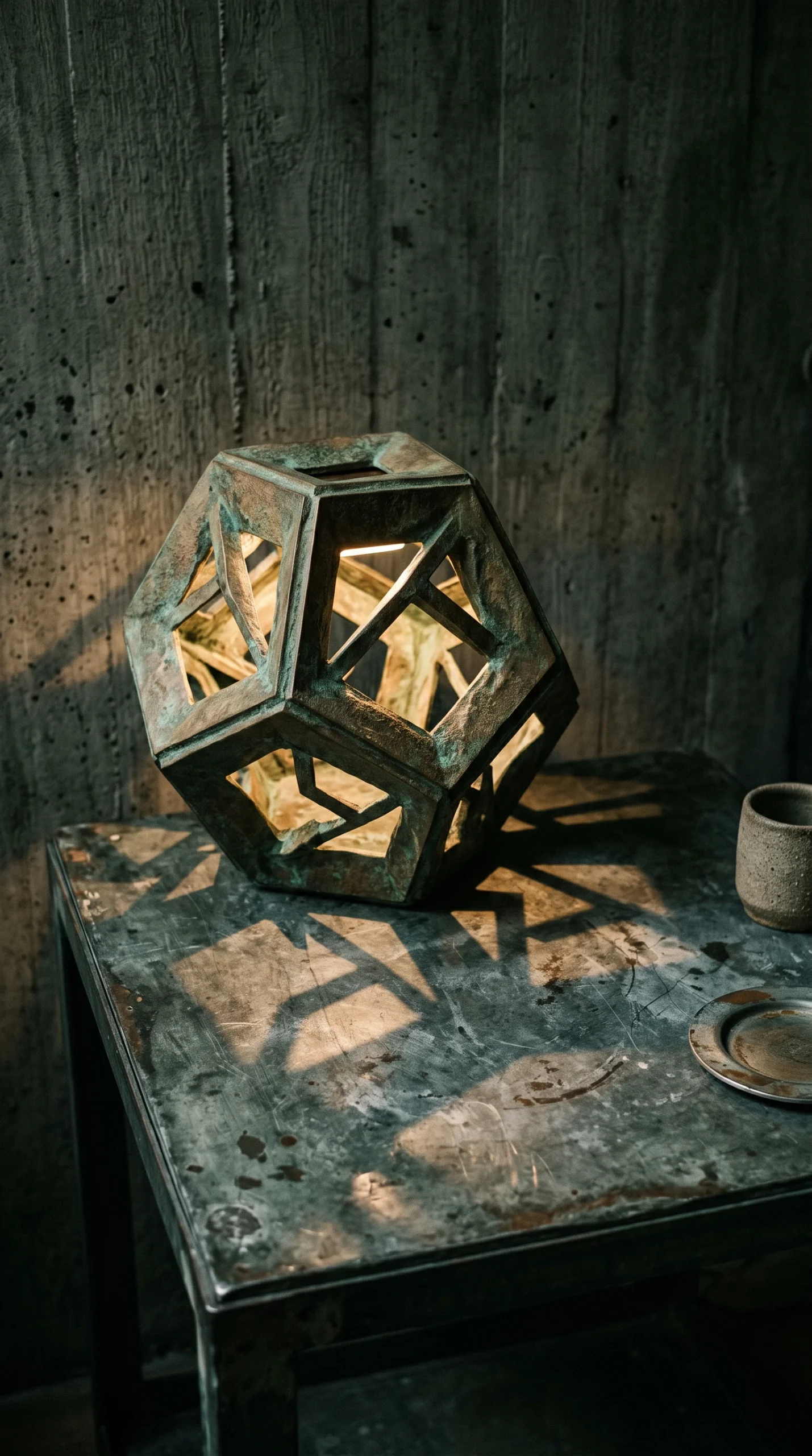 Close-up of an intricate oxidized bronze geometric lamp casting dramatic light and shadows on an aged, scratched zinc side table.