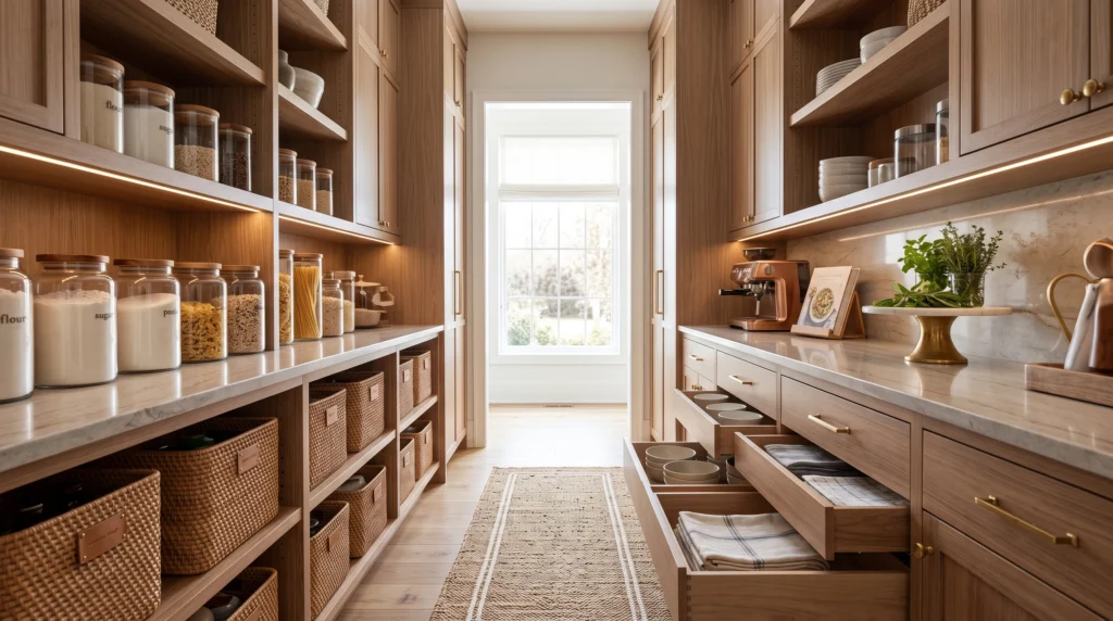 Organized pantry featuring clear airtight glass containers, pull-out wire baskets, custom labeled spice racks, and adjustable wooden shelving.