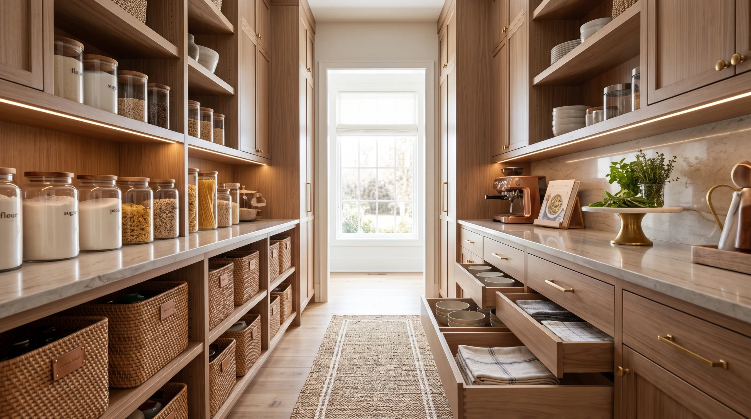 Organized pantry featuring clear airtight glass containers, pull-out wire baskets, custom labeled spice racks, and adjustable wooden shelving.