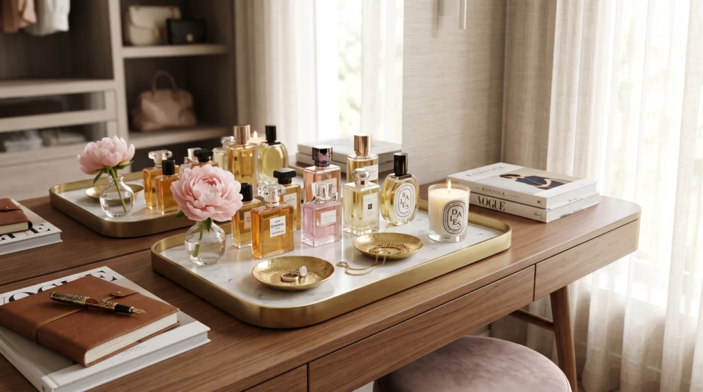 Elegant perfume tray display featuring mirrored glass surfaces, metallic gold accents, curated fragrance bottles, and chic vanity styling.