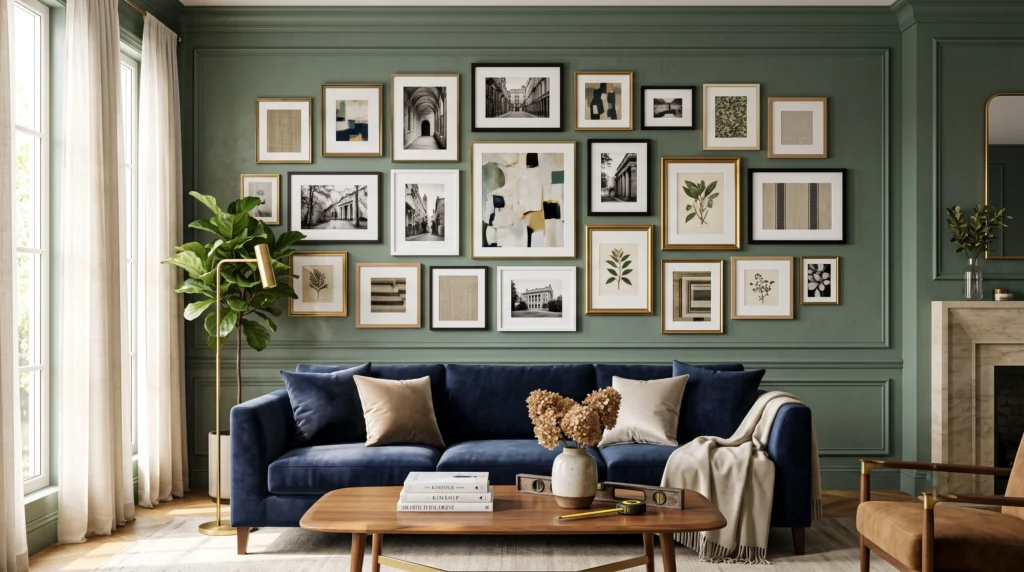 Elegant picture frame wall interior featuring classic molding, curated art arrangements, symmetrical paneling, and sophisticated gallery styling.