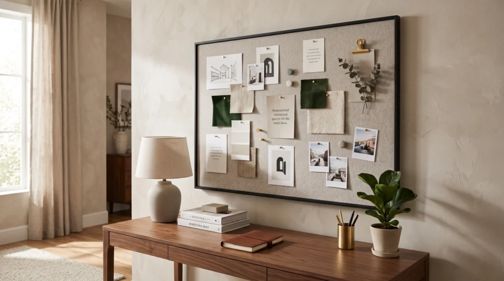 Creative pinboard-style interior featuring organized vision boards, aesthetic photo collages, chic wire grid panels, and personalized memo displays.