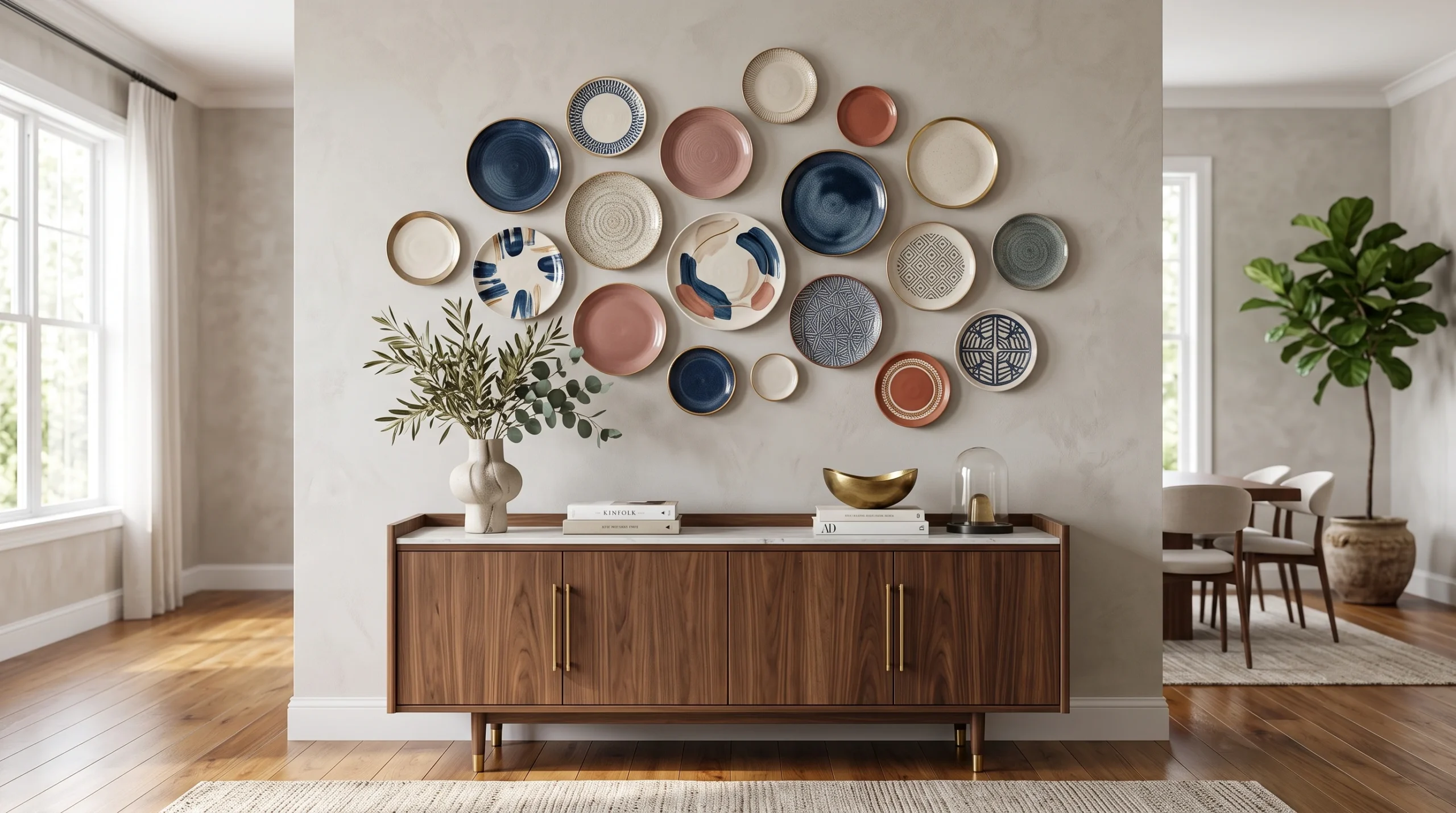 Curated plate wall display featuring vintage porcelain patterns, artistic ceramic arrangements, eclectic gallery styling, and charming wall decor.