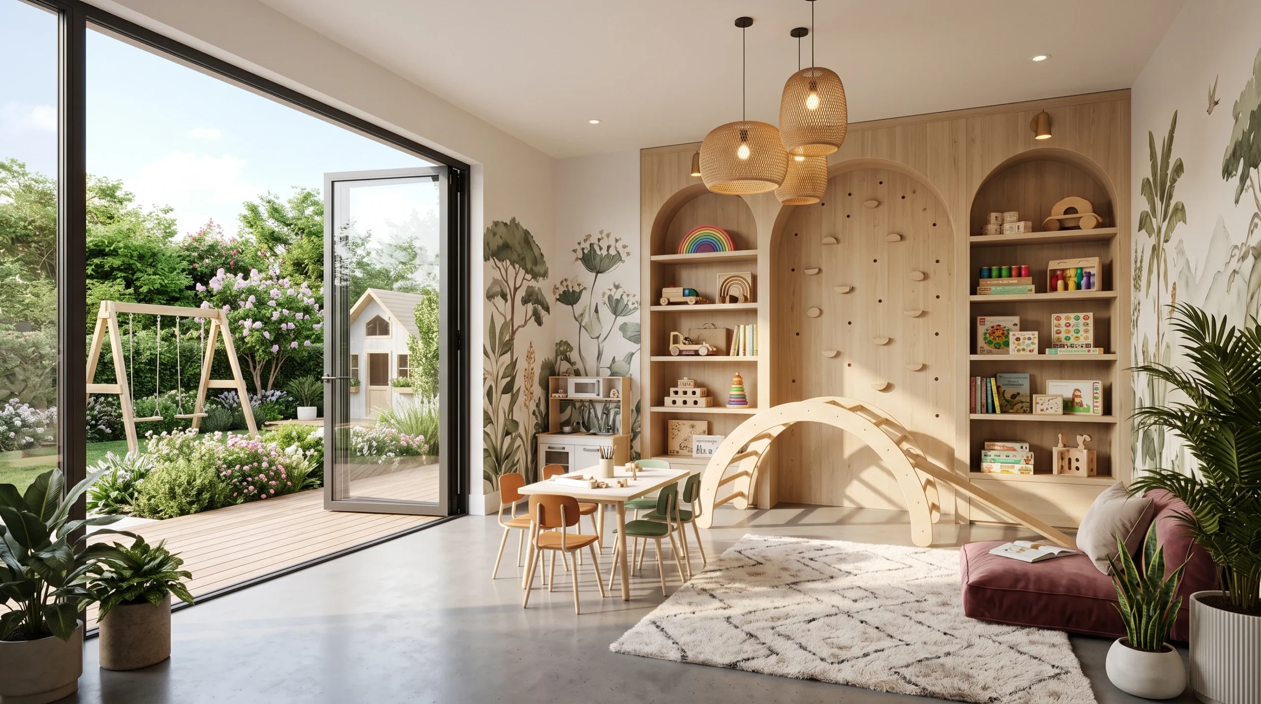 Imaginative playroom inspiration featuring vibrant colorful accents, modular soft-play climbing blocks, smart toy storage bins, and cozy reading nooks.