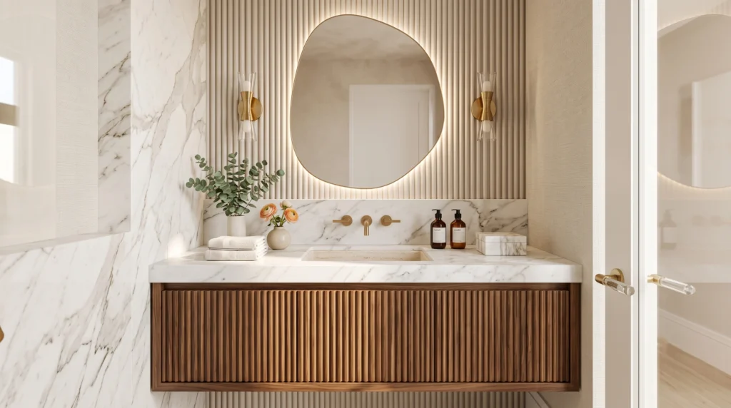 Sophisticated luxury powder room featuring rich textured walls, an elegant floating vanity, warm ambient lighting, and high-end brass fixtures.