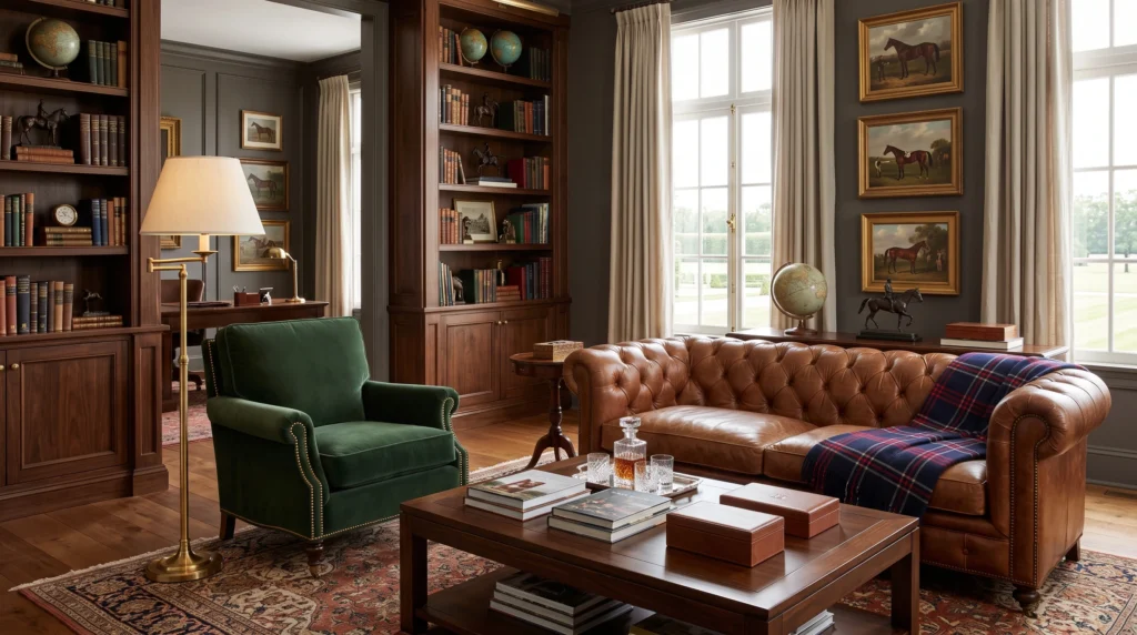 Luxurious Ralph Lauren Home interior featuring timeless equestrian motifs, rich leather textures, classic tartan patterns, and sophisticated mahogany finishes.