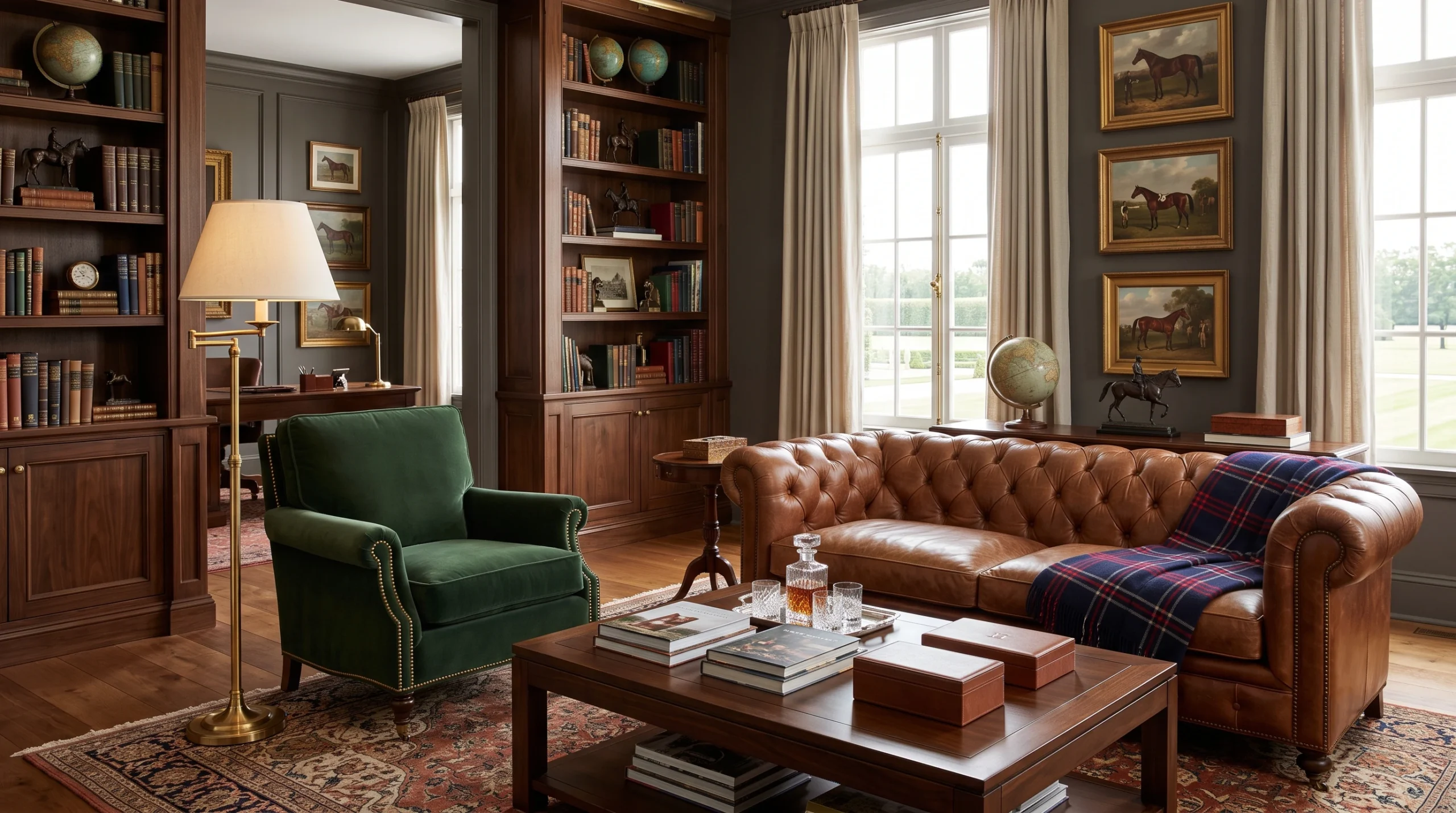 Luxurious Ralph Lauren Home interior featuring timeless equestrian motifs, rich leather textures, classic tartan patterns, and sophisticated mahogany finishes.