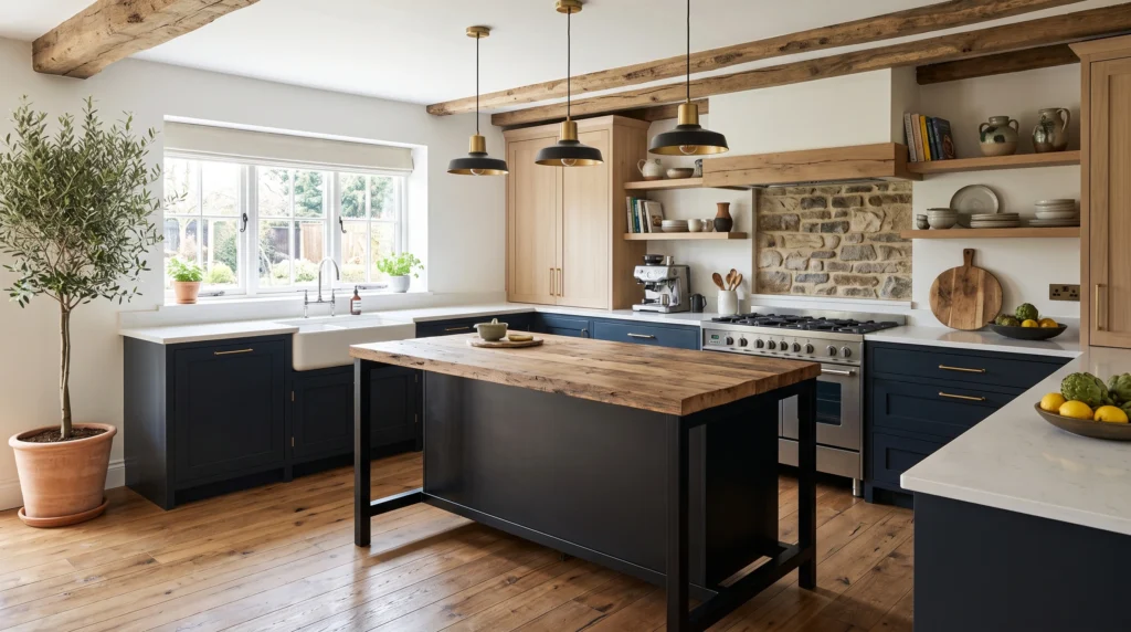 Rustic modern kitchen featuring weathered wood accents, sleek stainless steel appliances, exposed ceiling beams, and minimalist hardware.