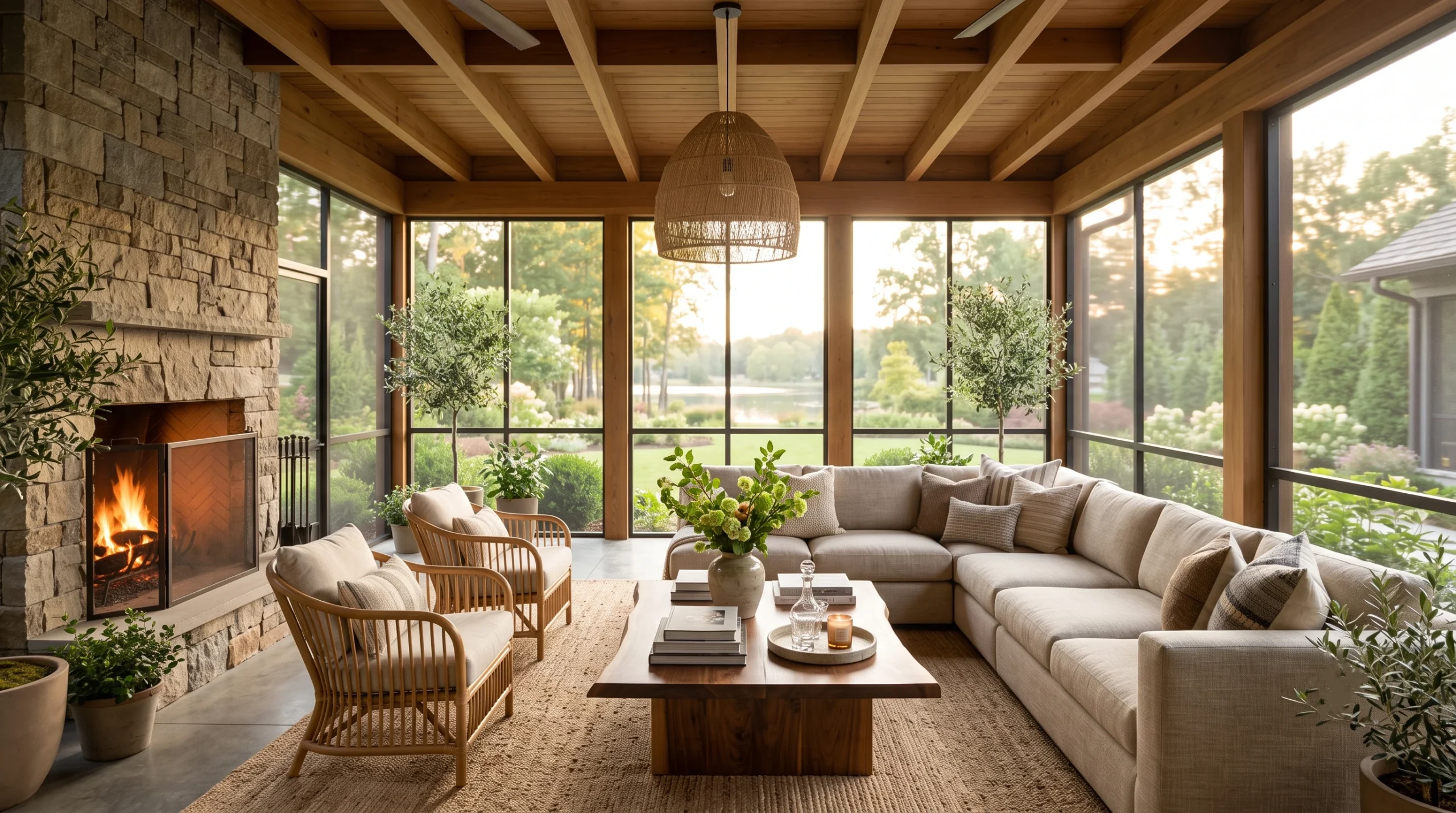 Breezy screened-in porch featuring fine protective mesh panels, comfortable cushioned outdoor seating, rustic wood framing, and warm ambient string lighting.